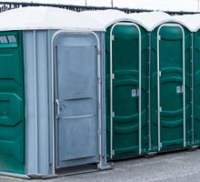 Green,and,gray,potties,set,up,in,a,parking,lot